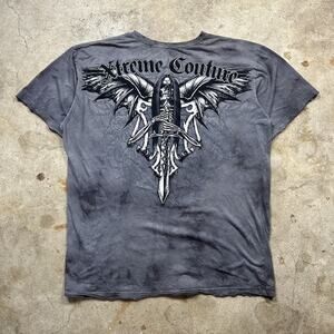 Grey Xtreme Couture Skeleton Wings Affliction Style Shirt Size 3XL